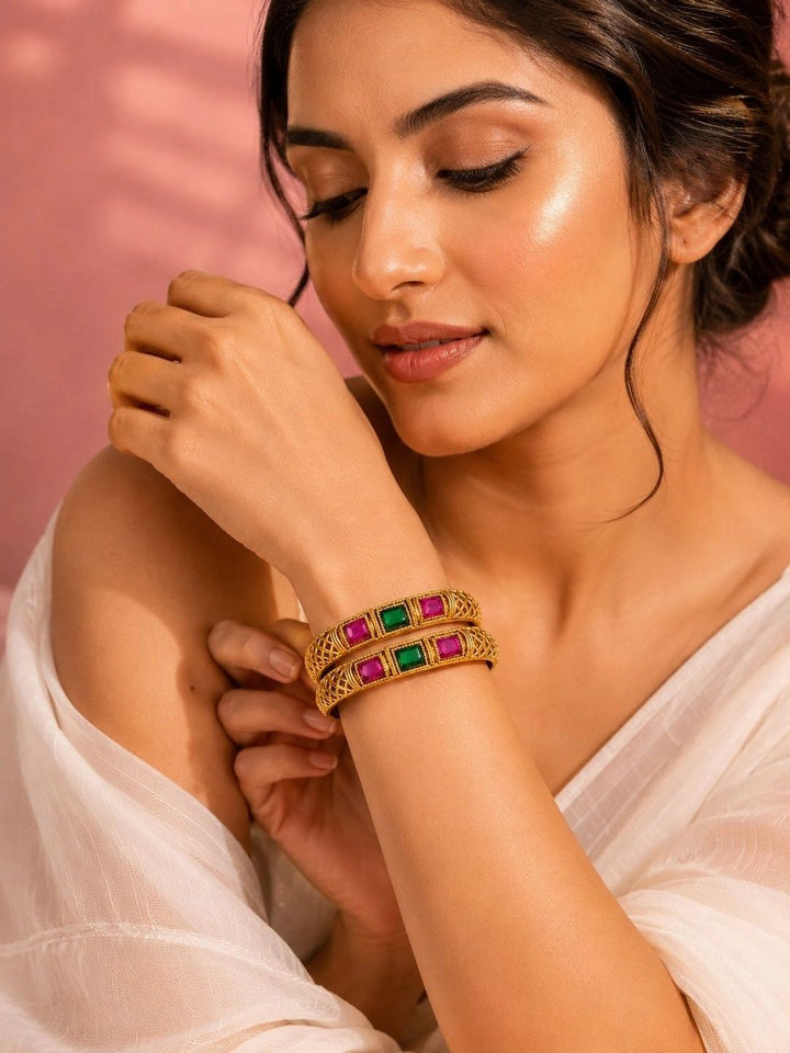 PANASH Set Of 2 Gold-Plated Artificial Stones Studded Bangles