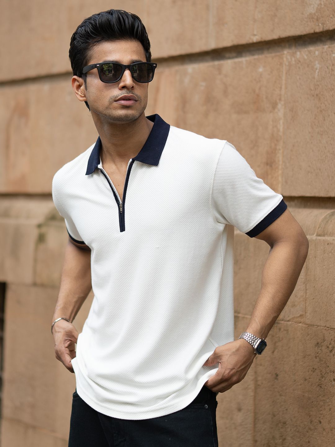 Powerlook Men Self Design Polo Collar T-shirt