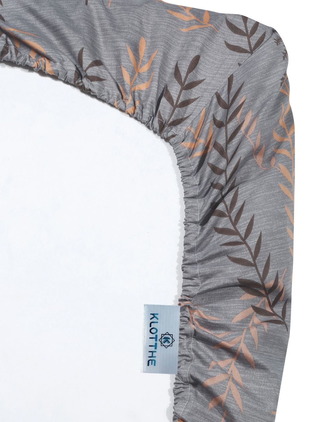 KLOTTHE Grey Leaf Polycotton 300 TC Fitted King Fine Bedsheet dengan 2 Sarung Bantal-250 x 225 cm