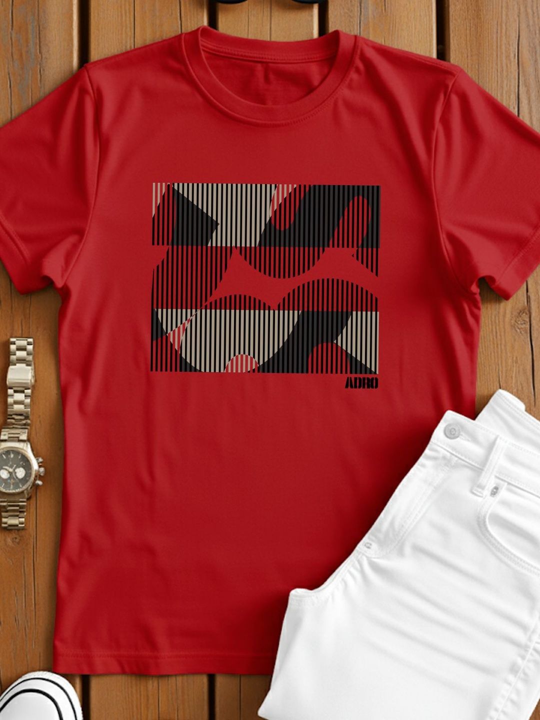 ADRO Geometric Printed Round Neck Skin-Friendly Regular Fit T-shirt