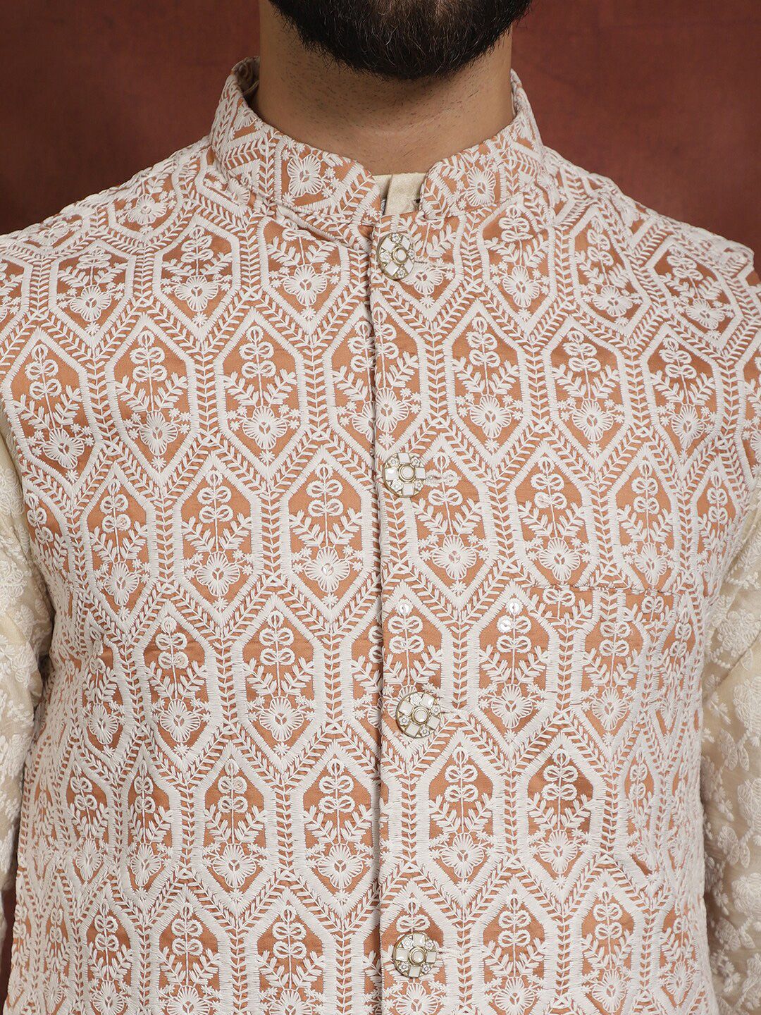 Anouk Men Floral Embroidered Thread Work Straight Kurta With Pyjama & Nehru Jacket