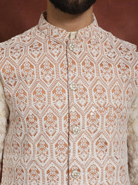 Anouk Men Floral Embroidered Thread Work Straight Kurta With Pyjama & Nehru Jacket