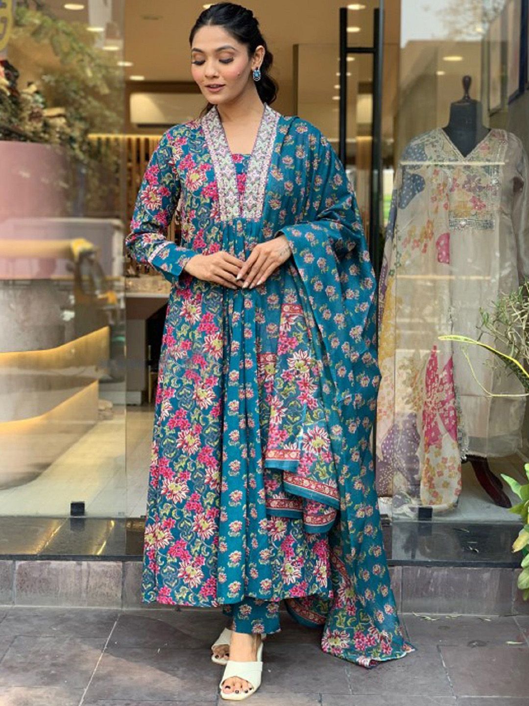 KALINI Floral Printed V-Neck Thread Work A-Line Kurta With Trousers & Dupatta
