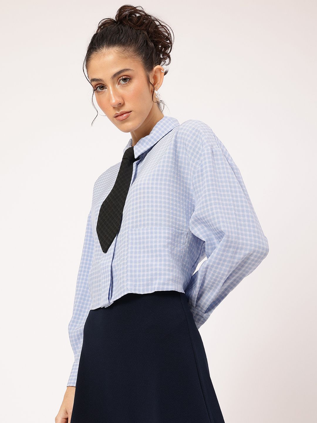DressBerry Minimal Muse Checked Seersucker Shirt with Tie