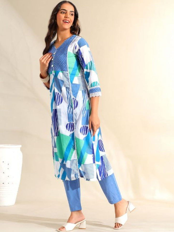 Mamicha Wanita Bercetak Kurta Kapas Tulen Biasa dengan Seluar & Dengan Dupatta