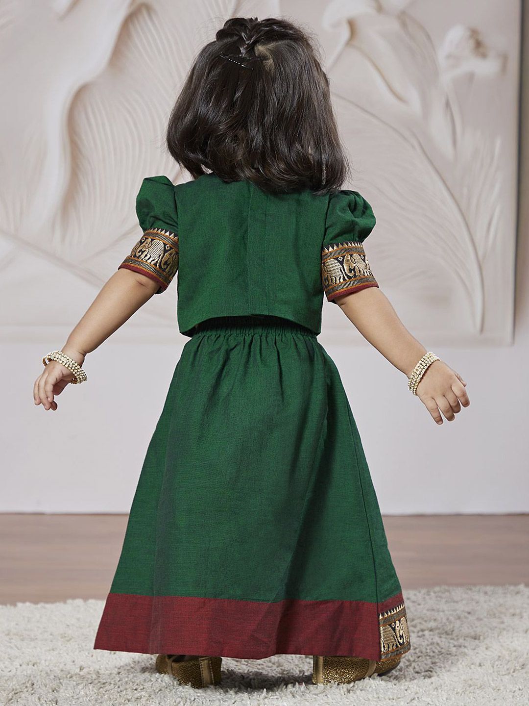 VASTRAMAY Girls Embroidered Thread Work Puffed Sleeves Cotton Ready to Wear Lehenga Choli