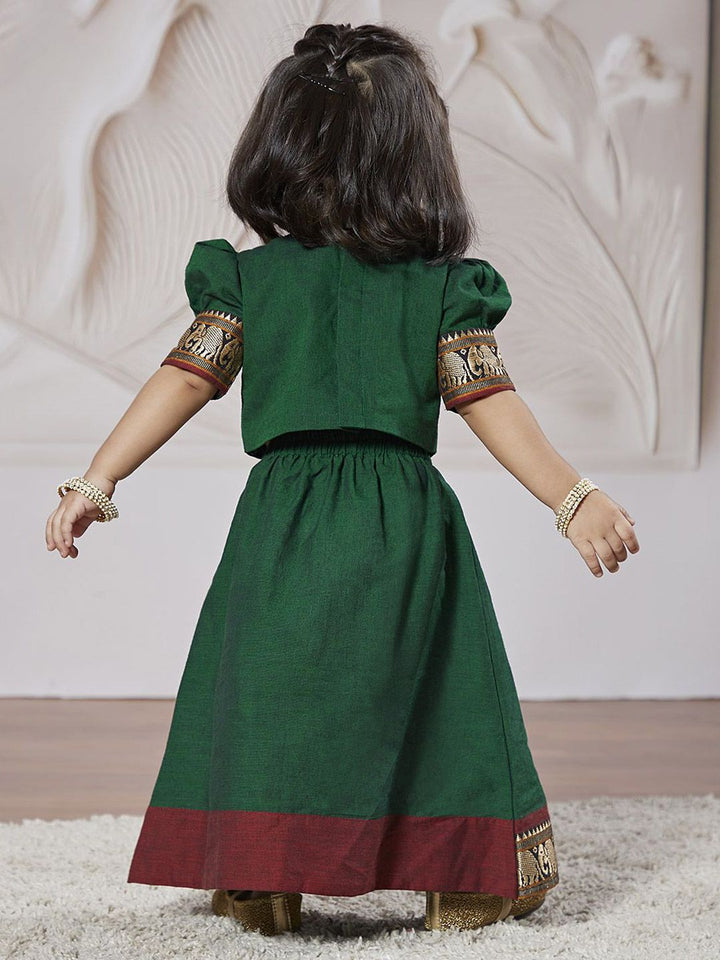 VASTRAMAY Girls Embroidered Thread Work Puffed Sleeves Cotton Ready to Wear Lehenga Choli
