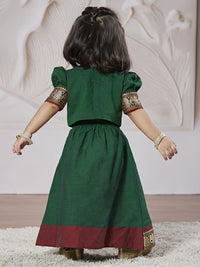 VASTRAMAY Girls Embroidered Thread Work Puffed Sleeves Cotton Ready to Wear Lehenga Choli