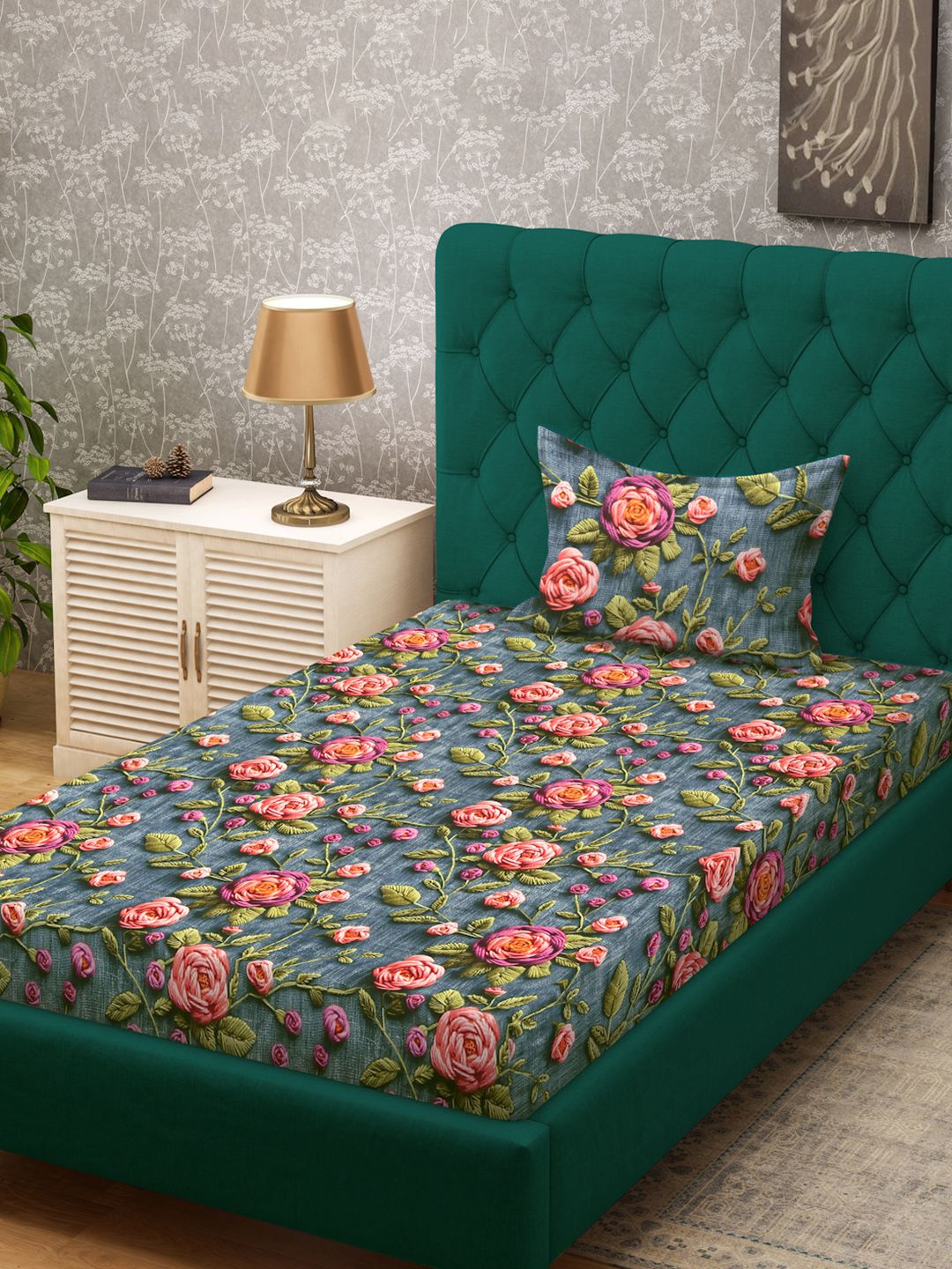 KLOTTHE Turquoise & Pink Floral Printed Flat 300 TC Single Cadar 7D Dengan Sarung Bantal