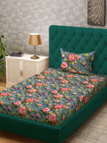 KLOTTHE Turquoise & Pink Floral Printed Flat 300 TC Single 7D Bedsheet With Pillow Cover