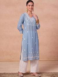 House of Chikankari Women Ethnic Motifs Embroidered Thread Work Chanderi Silk Kurta
