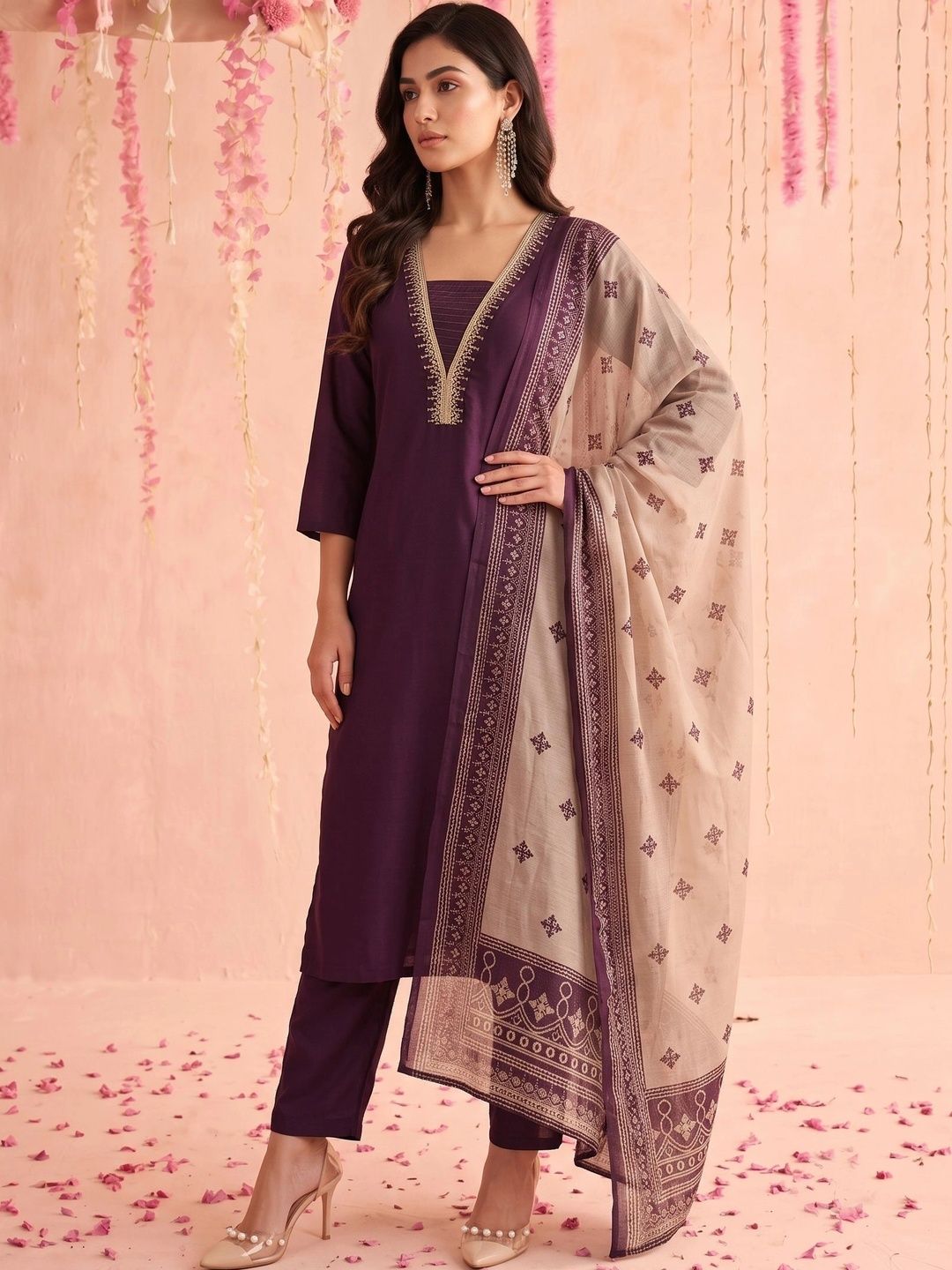 Mamicha Women Ethnic Motifs Embroidered Regular Thread Work Kurta with Trousers & With Dupatta