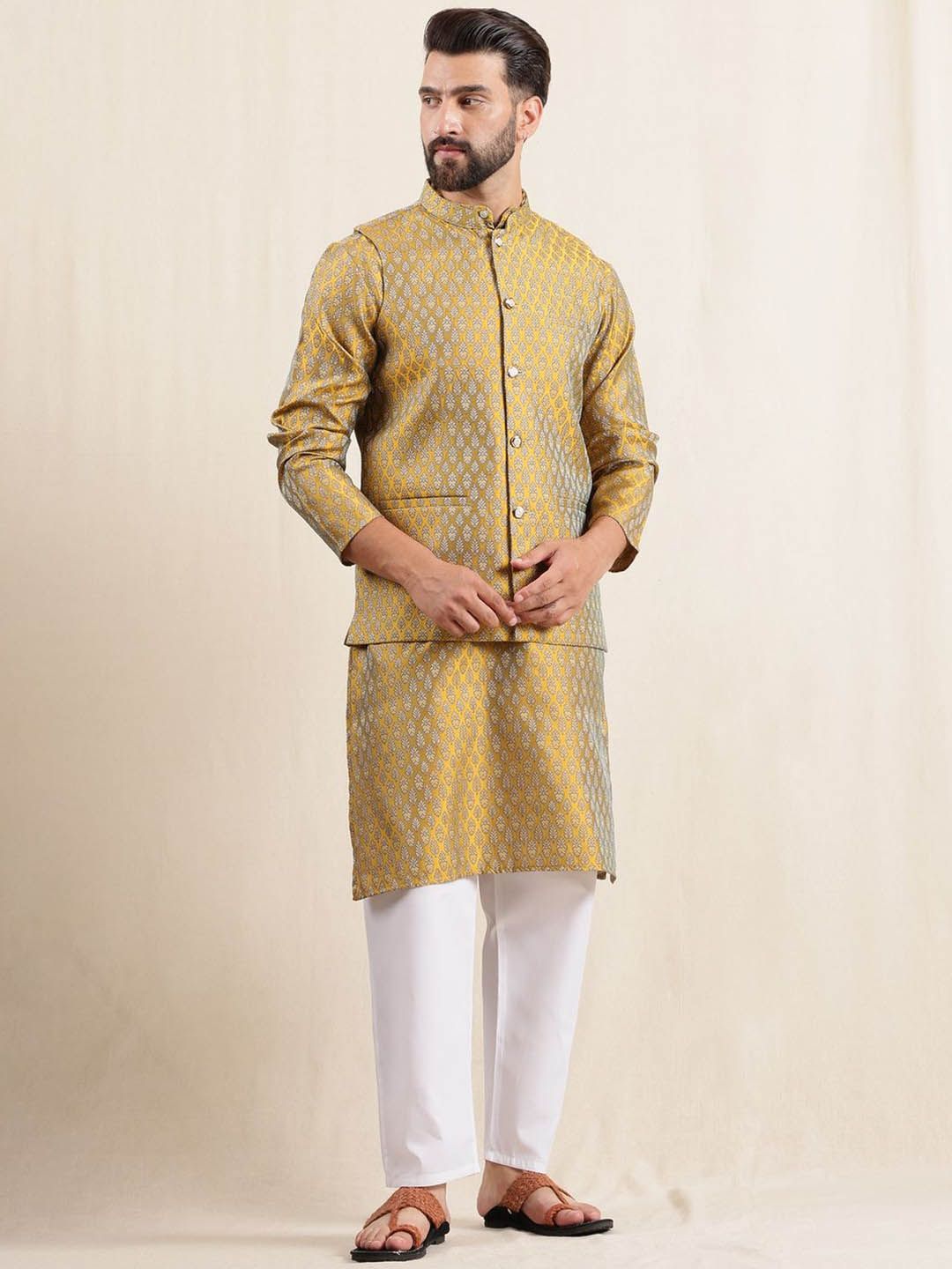 Anouk Men Ethnic Woven Design Band Collar Regular Kurta With Pyjamas