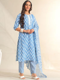Mamicha Women Ethnic Motifs Printed Regular Thread Work Pure Cotton Kurta with Trousers & With Dupatta