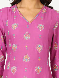 W Purple Ethnic Motifs Printed Thread Work V-Neck Straight Kurta
