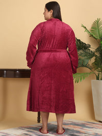 KLOTTHE Plus Size Red Self Design Woollen Bath Robe With Belt