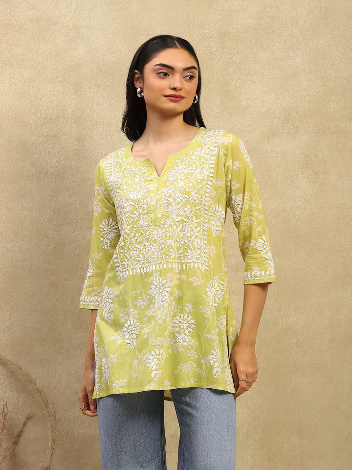 Rumah Chikankari Wanita Kapas Hijau Chikankari Sulam Kurti