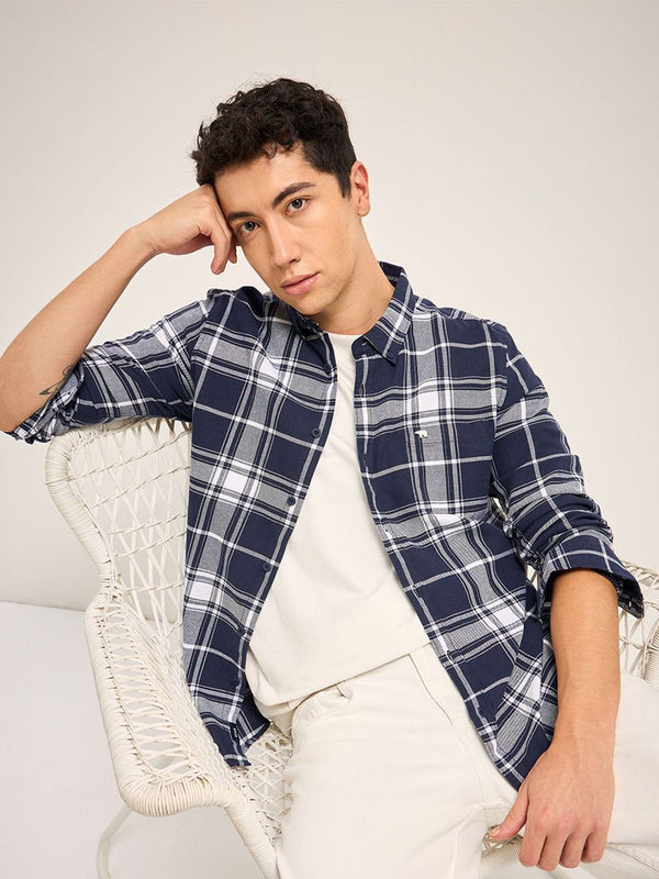 THE BEAR HOUSE Men Button-Down Collar Tartan Checked Cotton Slim Fit Casual Shirt