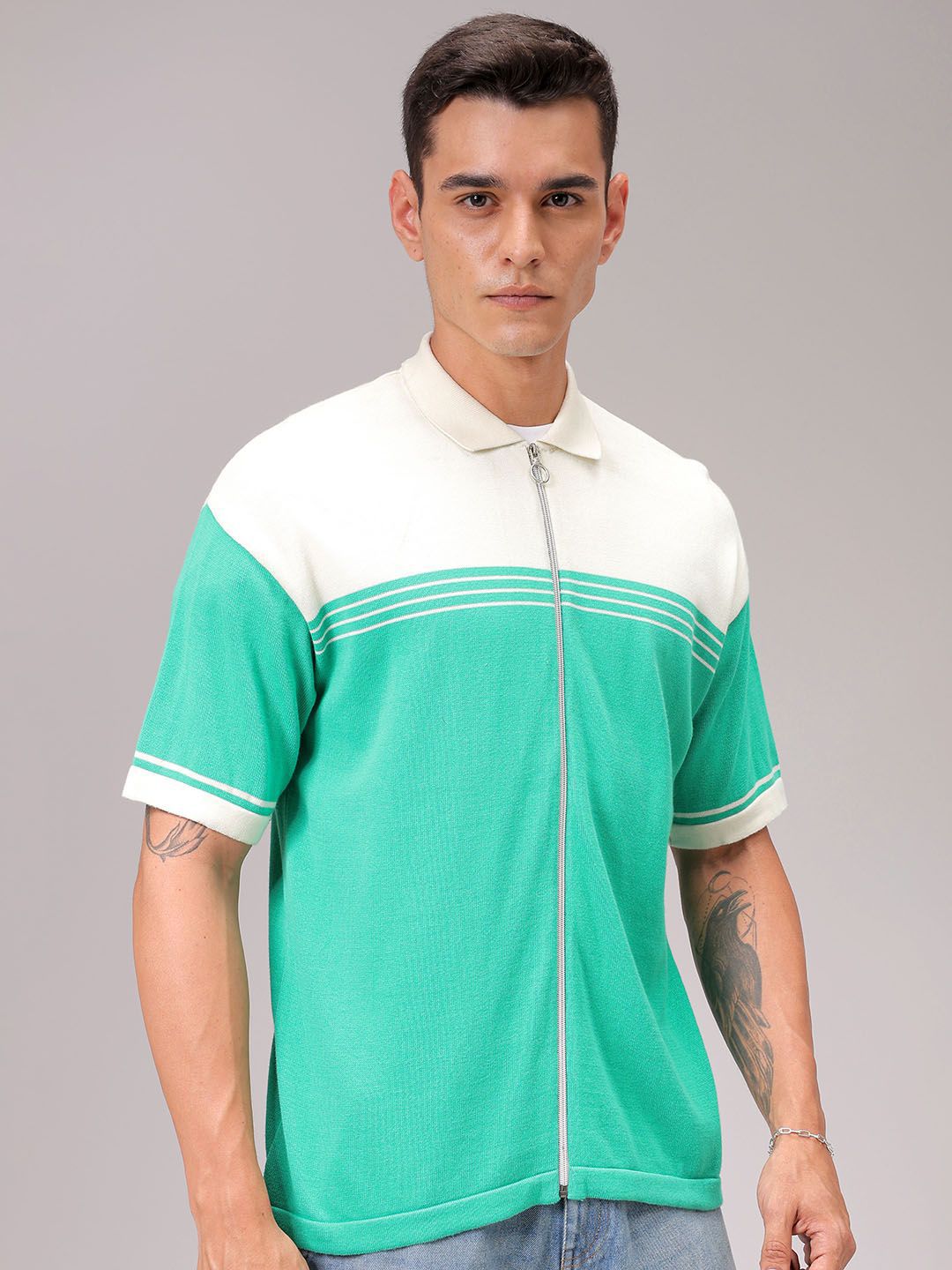 The Indian Garage Co Men Relaxed Fit Striped Flat Knit Polo Resortwear Shirt