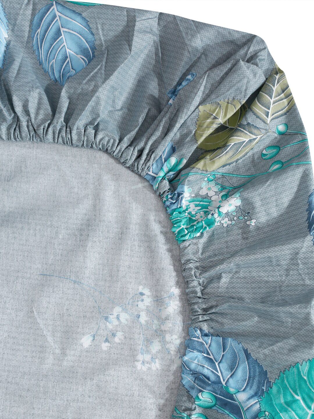 KLOTTHE Blue & Teal Green Floral Printed 400 TC Fitted King Bedsheet with 2 Pillow Covers