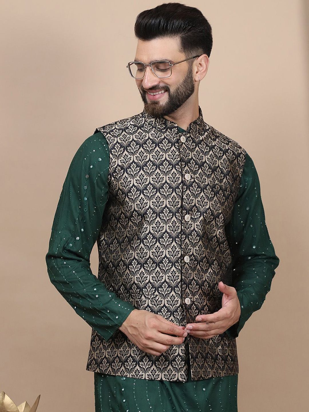 Anouk Embroidered Regular Sequinned Pure Cotton Straight Kurta With Churidar