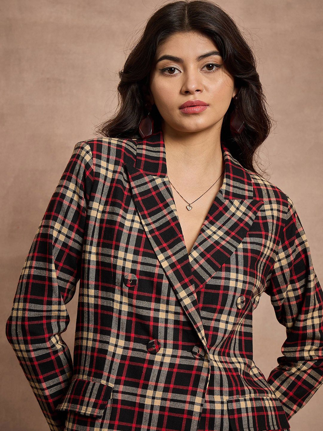 SASSAFRAS Checked Pure Cotton Comfort-Fit Double-Breasted Blazer