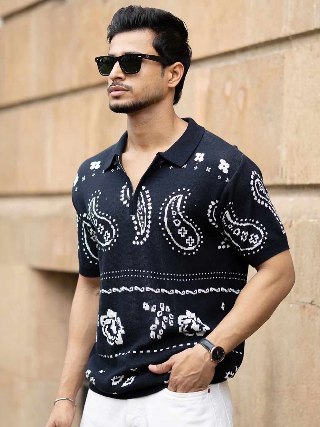 Powerlook Men Navy Paisley Jacquard Knit T-Shirt