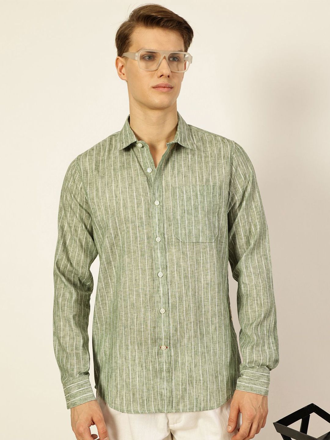 Thomas Scott Men Premium Vertical Striped Linen Slim Fit Casual Shirt