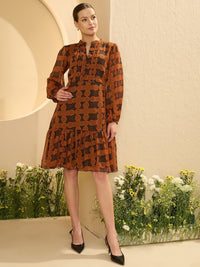 Antheaa Women Floral Print Bell Sleeve Chiffon A-Line Dress