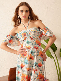 STREET 9 Floral Print Off-Shoulder Bell Sleeve Crepe Maxi Dress