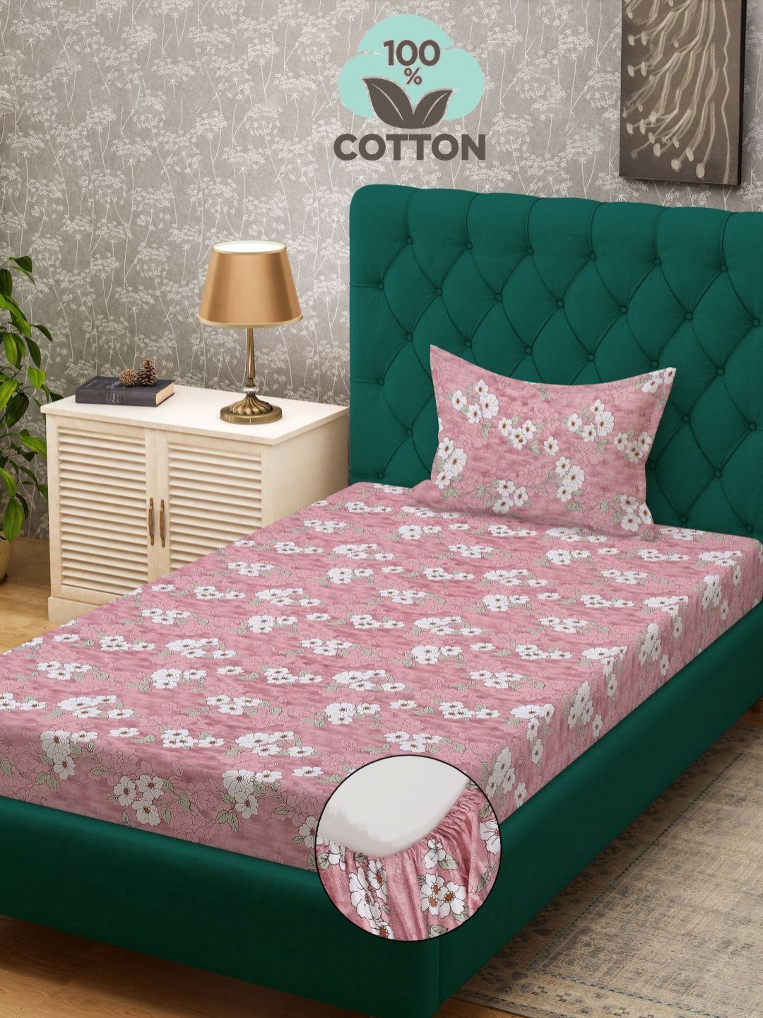 Myntra Elegant Homes Pink Floral 400 TC Pure Cotton Single Bedsheet with 1 Pillow Cover