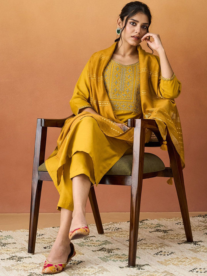 KALINI Ethnic Motifs Yoke Design Thread Work Straight Kurta With Trousers & Dupatta