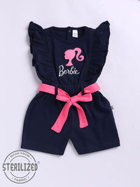 Moms Love Infant Girls Barbie Printed Pure Cotton Ruffled Basic Jumpsuit