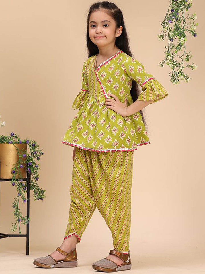 Cutiekins Girls Ethnic Motifs Printed Angrakha Gotta Patti Kurta with Dhoti Pants