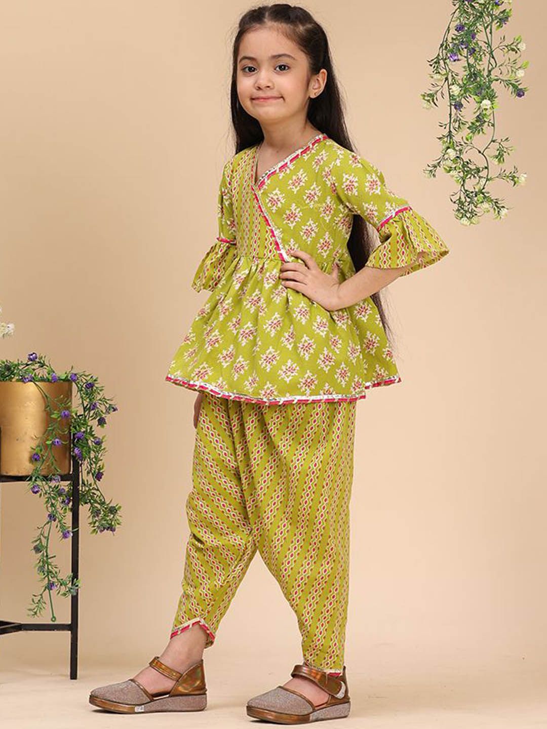 Cutiekins Girls Ethnic Motifs Printed Angrakha Gotta Patti Kurta with Dhoti Pants