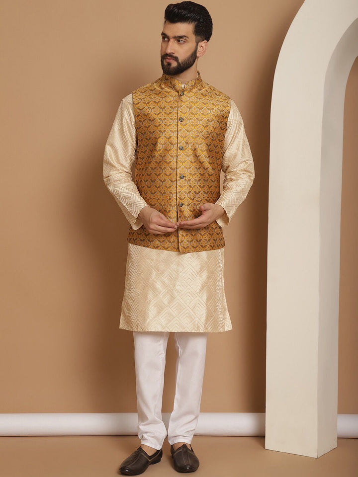 Anouk Men Geometric Embroidered Thread Work Straight Kurta With Churidar & Nehru Jacket