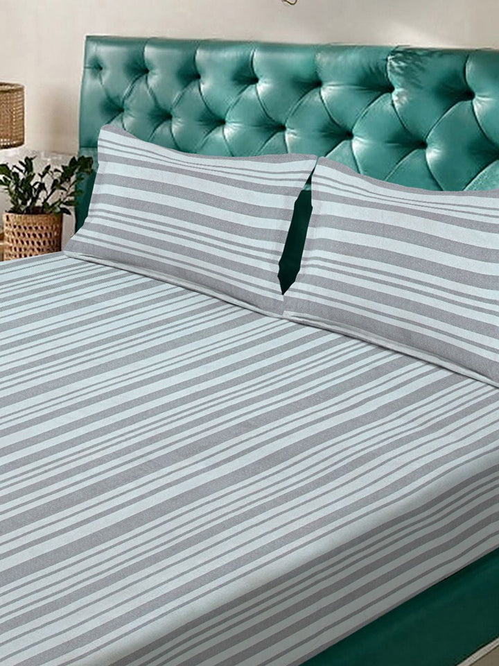 Aura Grey & Off White Striped 300 TC Fitted King Bedsheet Set 2.5 x 2.25 m