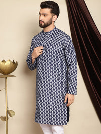 Anouk Navy Blue Ethnic Motif Printed Band Collar Straight Kurta