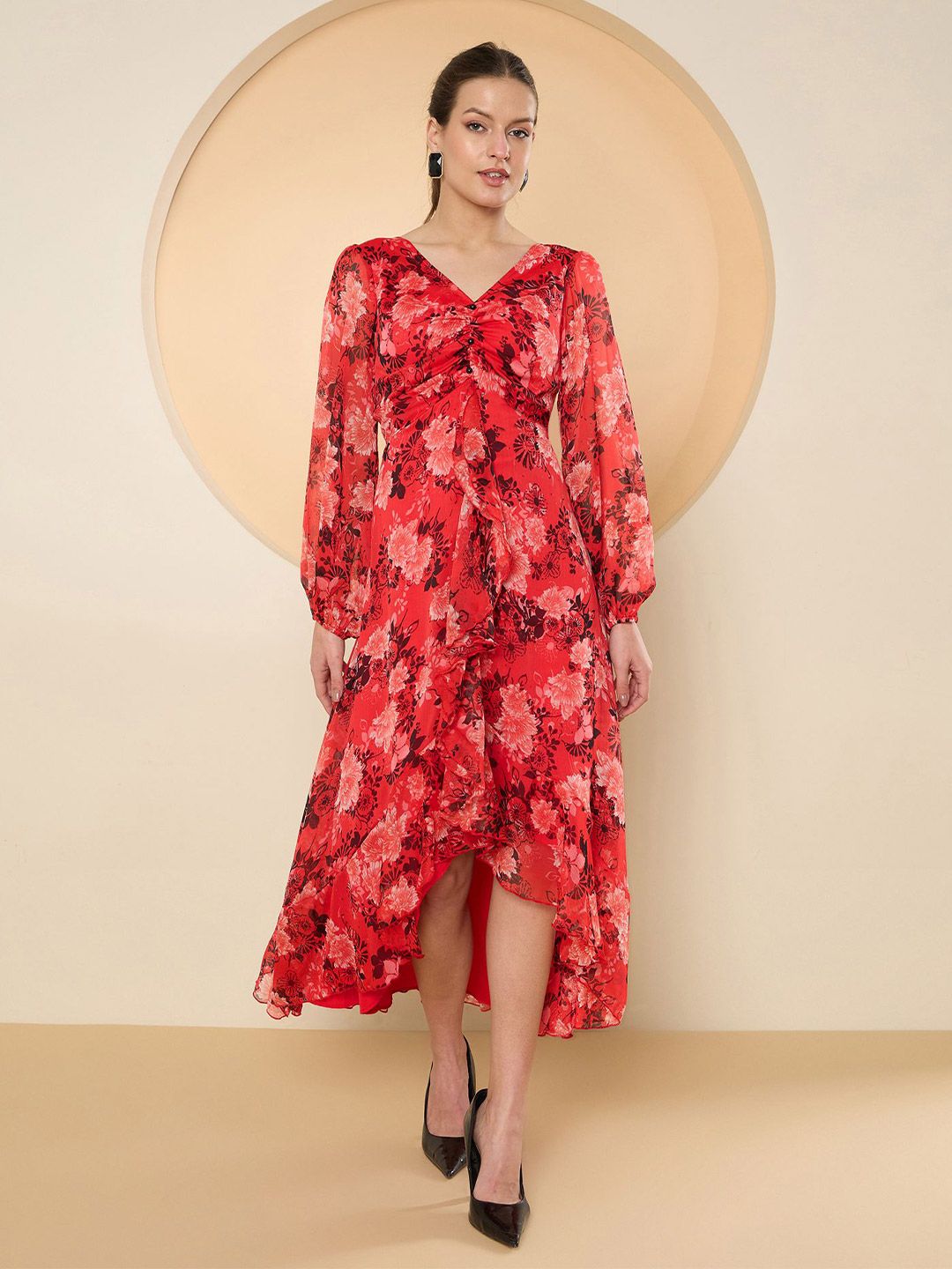 Antheaa Floral Print Flared Sleeve Chiffon A-Line Midi Dress