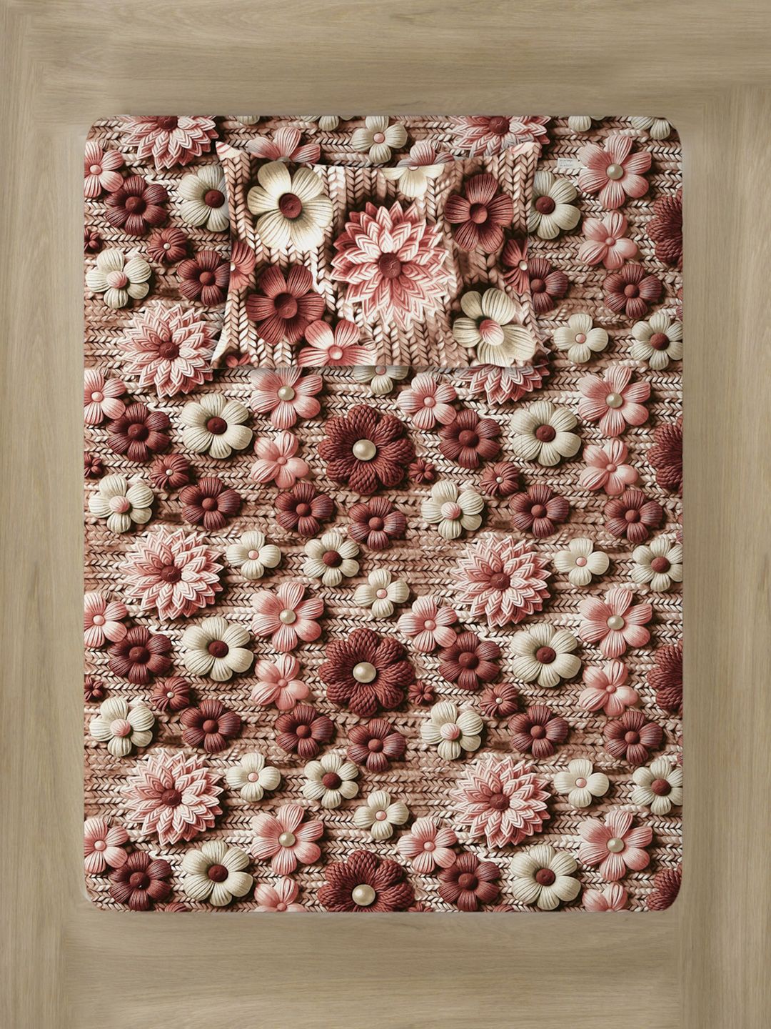 KLOTTHE Brown & Pink Floral Printed Fitted 300TC Single 7D Bedsheet With Pillow Cover