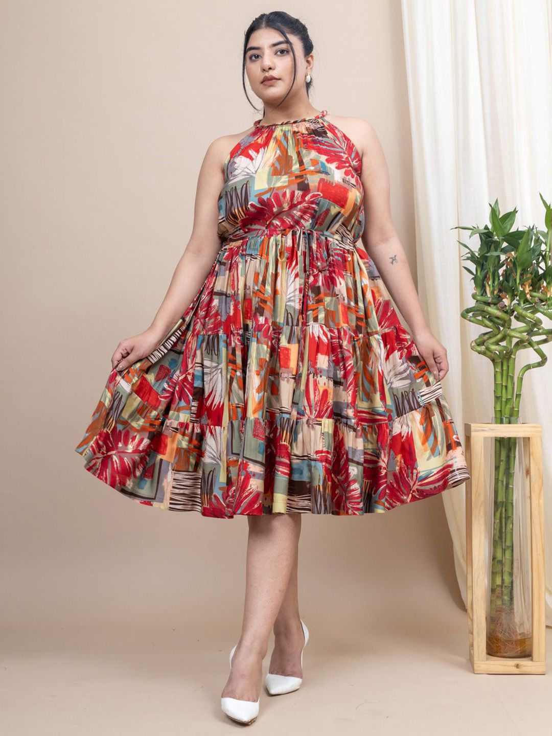 Mamicha Floral Printed Halter Neck Fit & Flare Cotton Dress