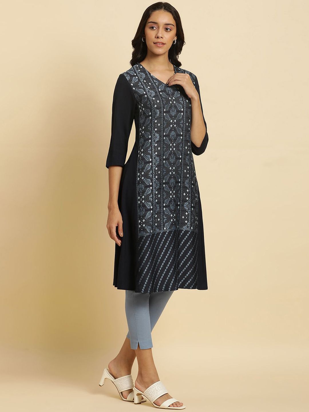 W Floral Embroidered V Neck A Line Kurta
