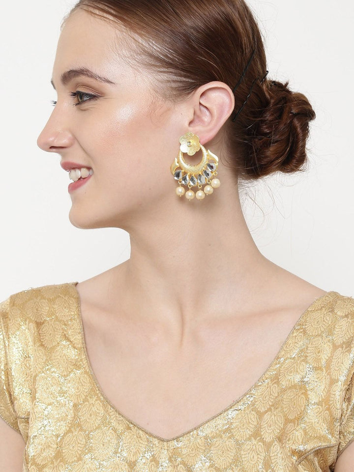 Anouk White Gold Plated Kundan Stone Studded & Beaded Crescent Shaped Chandbalis