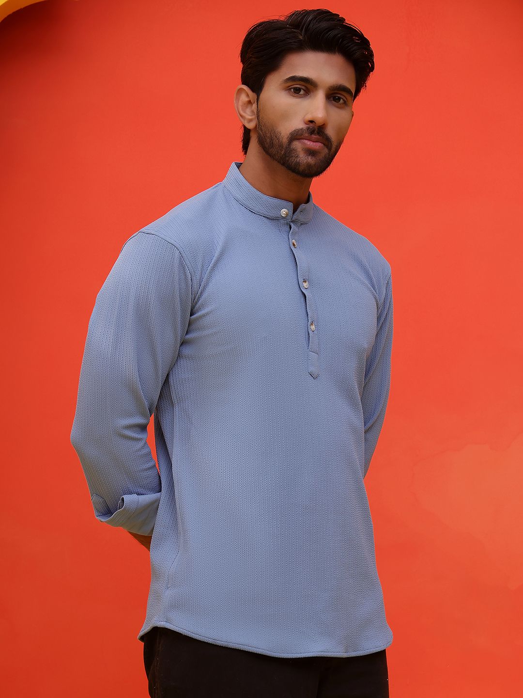 Jompers Striped Band Collar Long Roll-Up Sleeves Straight Kurta