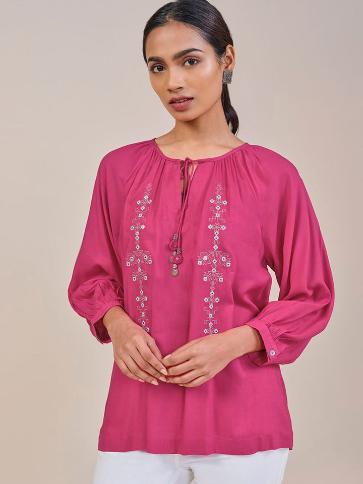 Global Desi Women Embellished Tie-Up Neck Regular Top