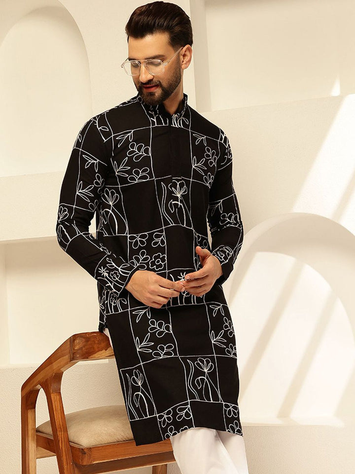 SOJANYA Bunga Sulam Kolar Mandarin Benang Kerja Cotton Silk Kurta Lurus