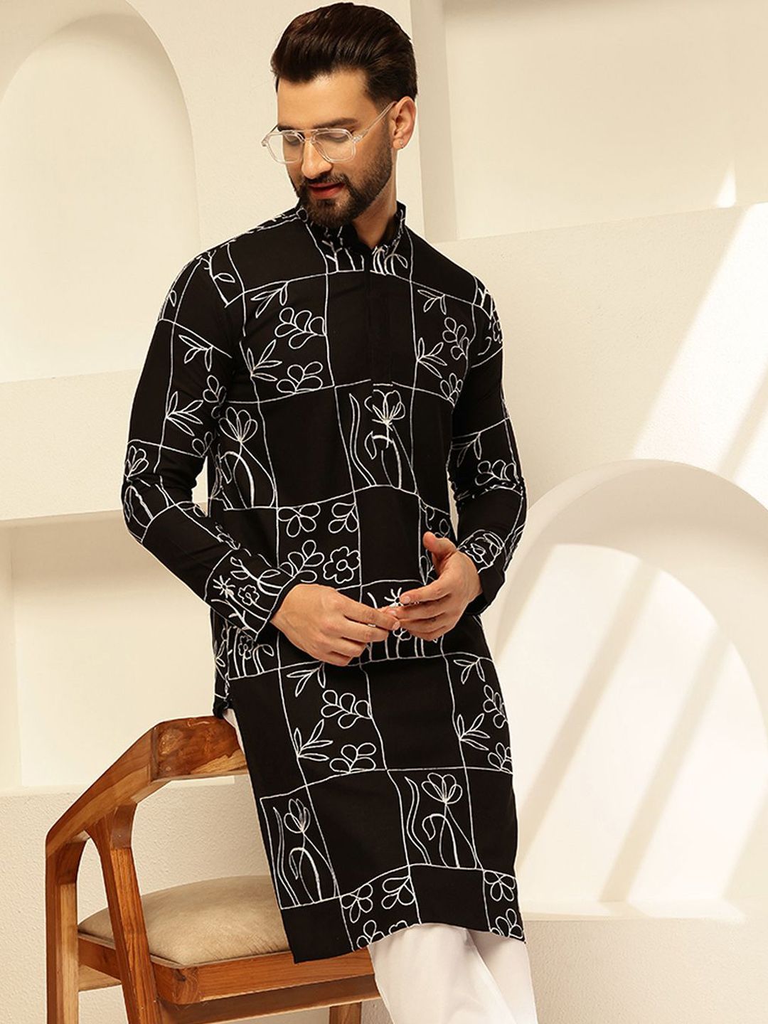 SOJANYA Bunga Sulam Kolar Mandarin Benang Kerja Cotton Silk Kurta Lurus