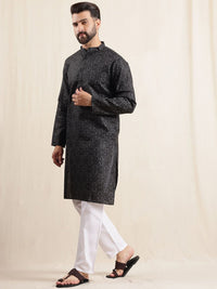 Anouk Geometric Printed Band Collar Straight Kurta With Pyjama And Nehru jacket