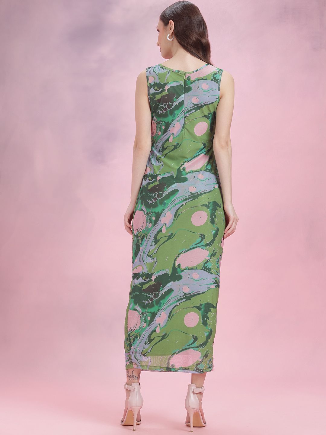 DressBerry Ruched Printed Mesh Maxi Dress