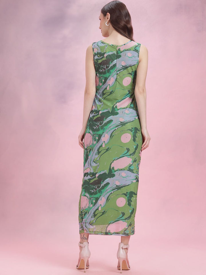 DressBerry Ruched Printed Mesh Maxi Dress